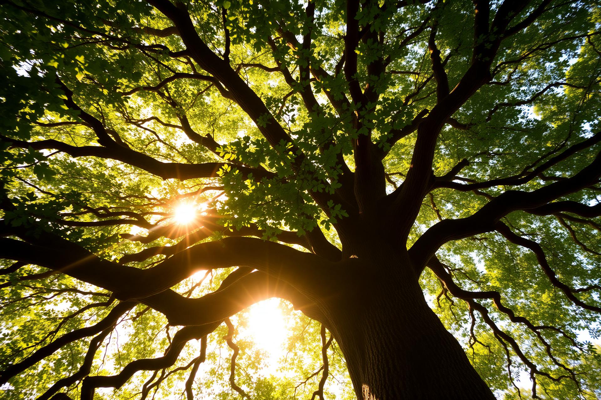 Sunlight through a mature oak canopy